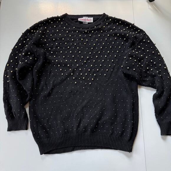 Vintage Rochelle-Forest Black Sweater Gold Stud Beads Ramie Cotton L - Picture 1 of 16